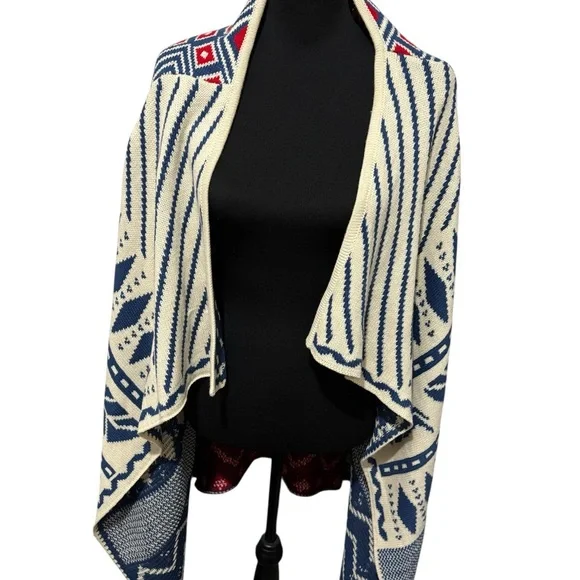 Pinklicious Women’s Open Front Cardigan Sweater Aztec Tribal S/M Boho Red Blue - Picture 2 of 10